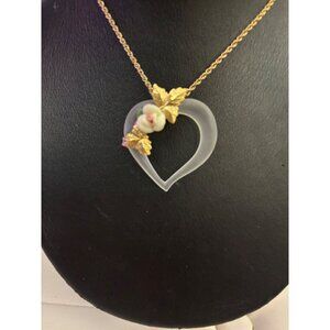 Vintage Frosted Lucite Heart Necklace With Porcelain Rose & Gold-Tone Leaves